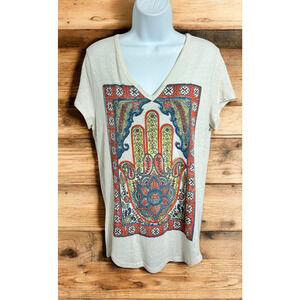 Lucky Brand Boho Top Size XL Short Sleeve Colorful Bohemian Blouse Hamsa Hand